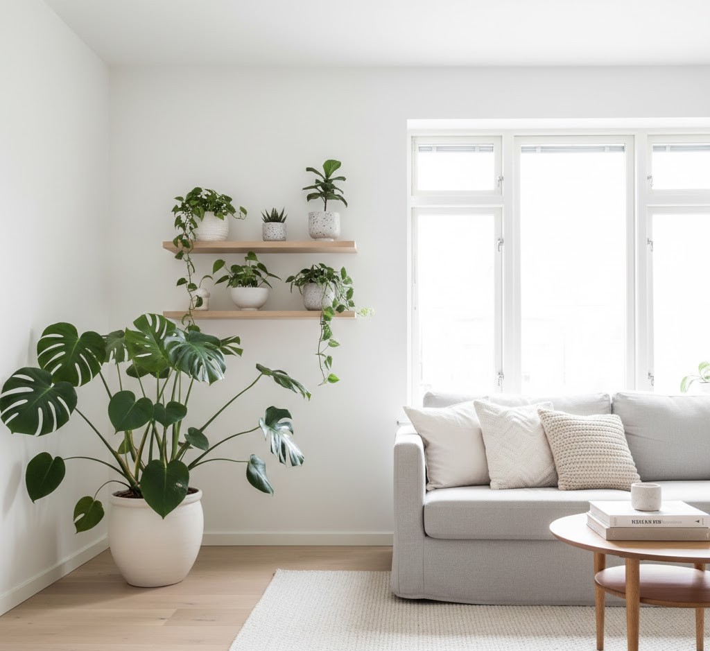 Scandinavian living room with Monstera Deliciosa and shelf plants