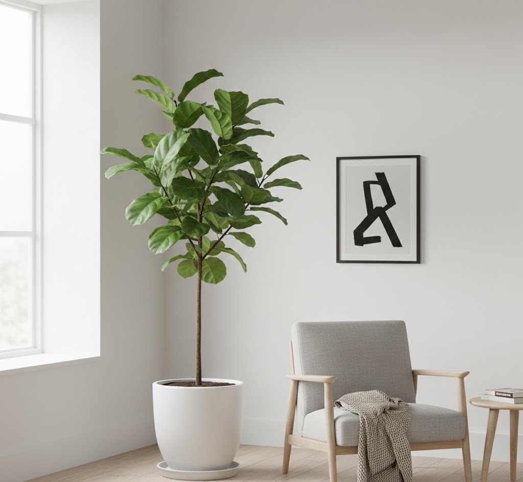 Large indoor tree in Scandinavian living room