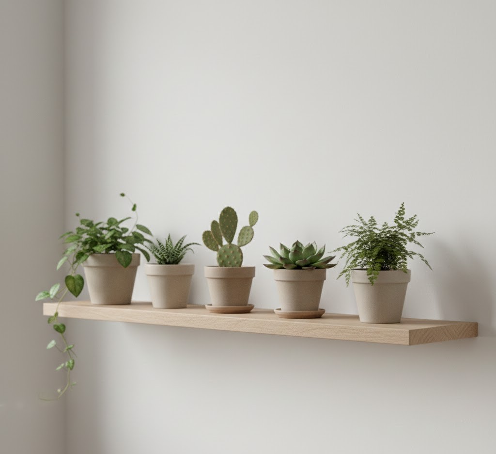 Floating shelf with curated plants
